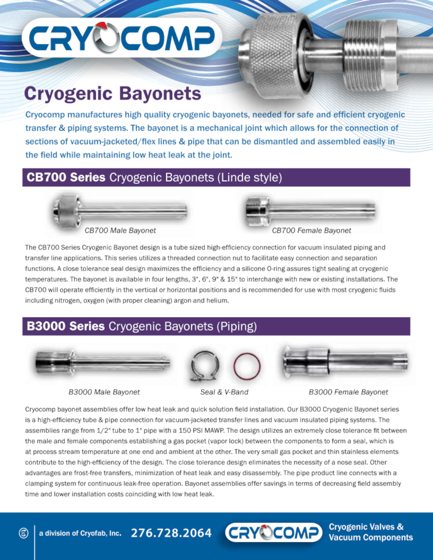 cryocomp-cryogenic-bayonets-brochure cryogenic bayonet sets for vacuum jacketed transfer and piping systems, brochure features product specifications